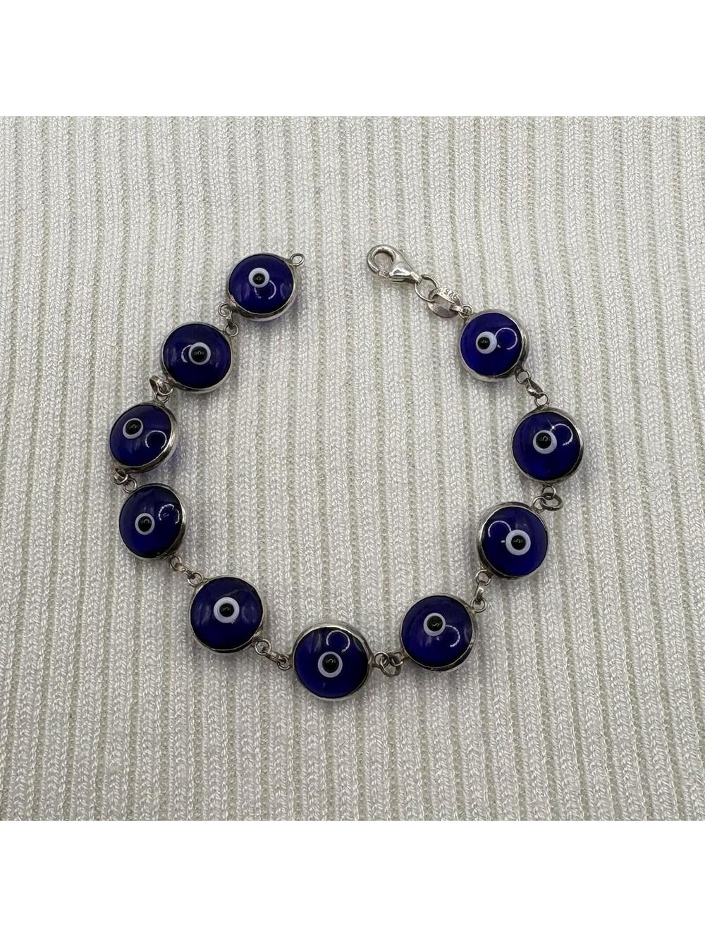 925 Sterling Silver Blue Evil Eye Link Bracelet 5.75”